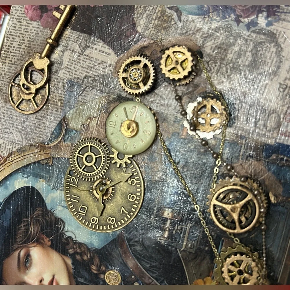 Steampunk Jewelry Box #3 Handmade Vintage Victorian Gear Decor Blue Velvet int